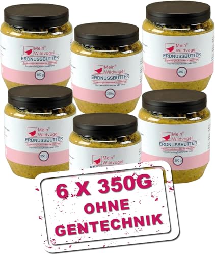 MeinWildvogel Erdnussbutter 6 x 350g, nährstoffreiches Weichfutter mit Sonnenblumenkerne für Wildvögel und Gartenvögel. Ganzjähriges Fettfutter / peanut butter für Ihre Vögel, ohne Gentechnik von Mein Wildvogel