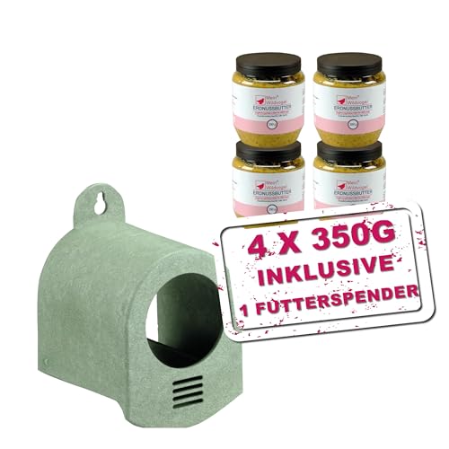 MeinWildvogel Erdnussbutter und Spender Starter Set, 1x Futterspender für Wildvögel und 4x Wildvogel Erdnussbutter 350g, 100% recycelter und ganzjährig nutzbarer Spender, nährstoffreiches Weichfutter von Mein Wildvogel