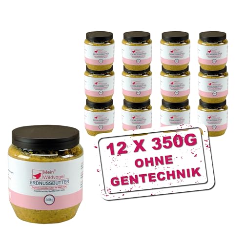 MeinWildvogel Erdnussbutter 12x 350g, nährstoffreiches Weichfutter mit Sonnenblumenkerne für Wildvögel und Gartenvögel. Ganzjähriges Fettfutter/Peanut Butter für Ihre Vögel, ohne Gentechnik von Mein Wildvogel