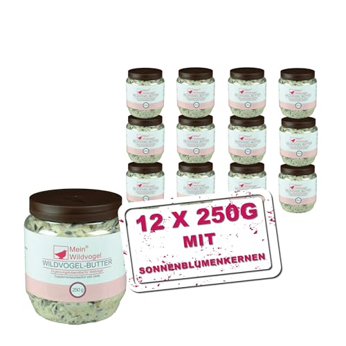 MeinWildvogel Wildvogel-Butter 12 x 250g, nährstoffreiches Fettfutter mit Sonnenblumenkerne für Wildvögel und Gartenvögel. Ganzjähriges Weichfutter/Peanut Butter für Ihre Vögel, ohne Gentechnik von Mein Wildvogel