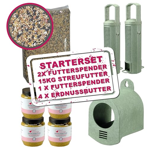 Wildvogel Streufutter & Erdnussbutter Starter Set - 2x Futterspender, 15kg Streufutter, 1x Erdnussbutterspender, 4x Erdnussbutter. Spender sind Made in Holland, aus recyceltem Material und wetterfest. von Mein Wildvogel