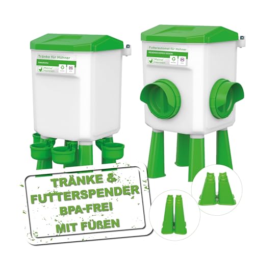 MeineHennen Futterautomat 4 Kg und Wasserspender 8 L für Hühner - abnehmbare Füße kurz und lang - hygienischer Futterspender und Geflügeltränke/Tränke im Set - BPA-Frei von Meine Hennen