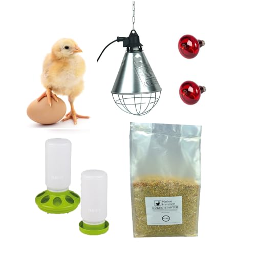 Meine Hennen Hühner Küken Starter-Set mit 3,5 kg Futter, 500 g Kükengold, Futterspender und Tränke sowie Einer Wärmelampe mit Schutzkorb, inklusive 2 verschiedenen Infrarot Birnen(60W und 100W) von MeineHennen