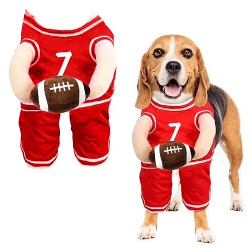 Hund Basketball Kostüm, Hund Basketball Kostüm mit Ball, Halloween Hundekostüm mit Rugby Ball, Hund Halloween Kostüme, Hund Basketball Cosplay Kostüm für Kleine und Mittlere Hunde (Rot, L) von Meitianfse