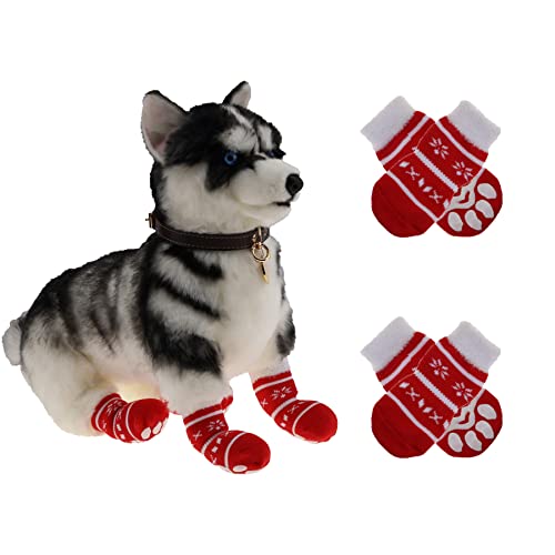 Meiwlong 4 x rutschfeste Weihnachts-Hundesocken, klein, mittelgroß, für den Innenbereich, gestrickt, Schutz, Welpen, Geschenke, Verschleißkontrolle, verhindert Lecken mit Pfotengriff, Hartholzboden von Meiwlong