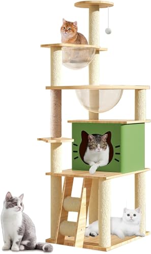 Mekidulu Kratzbaum, 145 cm, Katzenbaum für Indoor-Katzen, mehrstöckiges Katzenhaus mit 2 Näpfen, 1 Katzenbaumhaus, 2 Sitzstangen, 1 Katzenleiter, 1 Pompons, Traggewicht 15 kg, Holz-Katzenbaum (Grün von Mekidulu