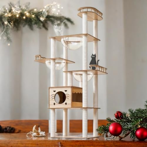 Mekidulu Kratzbaum – 185 cm großer Katzenturm – Kratzbaum für Indoor-Katzen mit 14 weißen Kratzbäumen, 1 Katzenhaus, 3 transparente Raumkapseln, 3 Sitzstangen, 1 Höhlen, Holz-Katzenbaum (Holzfarbe von Mekidulu