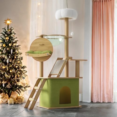 Mekidulu Kratzbaum Holz - 150CM Kratzbaum,Mit transparenter Raumkapsel, Mit Natur-Sisal,Katze Hängematte,Plüsch-Sprungplattform,Spielzeugball, Grünem Kissen - Kratzbaum groß(Grün Y18) von Mekidulu