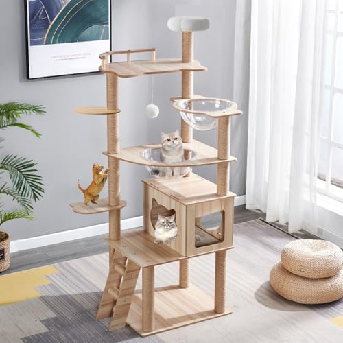 Mekidulu B12 Kratzbaum für Indoor-Katzen, große Erwachsene, Katzenbaum mit Höhle, Katzentreppe, 2 Näpfe, 14 Sisal-Kratzstämme, Sitzstange, mit gepolstertem Plattformbett, Spielzeugbälle, großer von Mekidulu