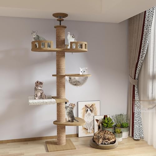 Kratzbaum deckenhoch, 245-275 cm hoher Katzenbaum mit Mehreren Etagen, Höhenverstellbarer Katzenkratzbaum Beige, große Plattformen und Wandhalterung von Mekidulu