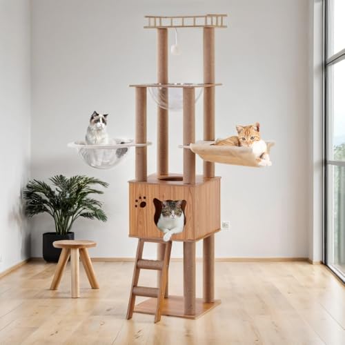 Mekidulu Kratzbaum – 155 cm Turm – Indoor-Katzenturm mit 1 Hängematte, 1 Haus, 2 Kapseln, 1 Leiter, 1 Ball, 1 Plattform – Holz (Holzfarbe) von Mekidulu