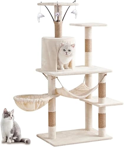 Mekidulu Kratzbaum für Indoor-Katzen – 125 cm Katzentürme für Indoor-Katzen, mehrstufiges Plüsch-Katzenhaus mit 5 Kratzbäumen, 4 Sitzstangen, Höhle, Hängematte, 3 gefüllte Mausspielzeuge, weiß, 086 von Mekidulu