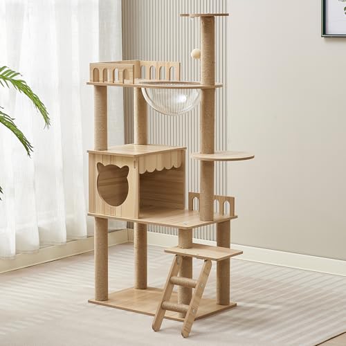 Mekidulu KT-022 Katzenturm, mehrstöckig, aus reinem Holz, moderner Katzenbaum mit Höhle, Katzentreppe, Schüssel, 9 Sisal-Kratzstämme, Sitzstange, Spielzeugbälle, Katzenbaum für Indoor-Katzen, große von Mekidulu