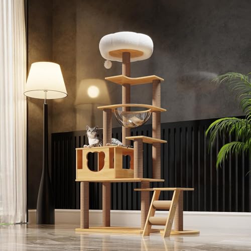 Mekidulu 165 cm Cat Tree Cat Scratching Post Large with Space Capsule, Jute Scratching Post, Ladder, Cave, Cat Toy, Plush Platforms Cat Scratching Post von Mekidulu