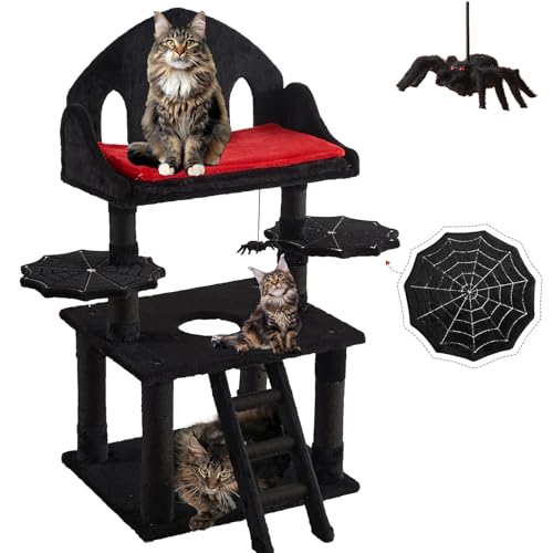 Mekidulu Gothic Katzenbaum, Schwarz rot kratzbaum,Breit Große Plattformen, Höhle,Katzenleiter, Spinnenförmiges Spielzeug,Kratzbaum für große Katzen,Schwarz rot,Halloween. von Mekidulu