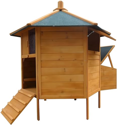 Melko Hühnerstall 6-Eck Hühnervoliere Pavillion, aus Holz, 131 x 125 cm, braun mit grüner Dachpappe, inkl. Rampe + 2 Hühnerstangen + Nestbox von Melko