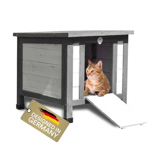 Melko Katzenhaus Grau/Weiß 50 x 45 x 43 cm mit klappbarem Deckel und Rampe, Winterfest von Melko