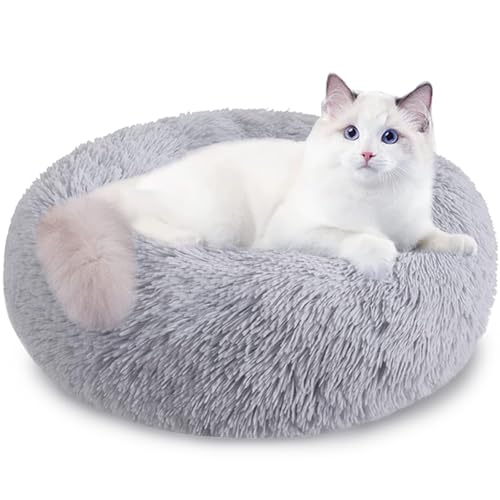 Melldrry Hundebett flauschig, Katzenbett, Donut Kissen, waschbar, Polsterung in der Mitte herausnehmbar, Langer Plüsch, 50 cm Durchmesser, Grau von Melldrry