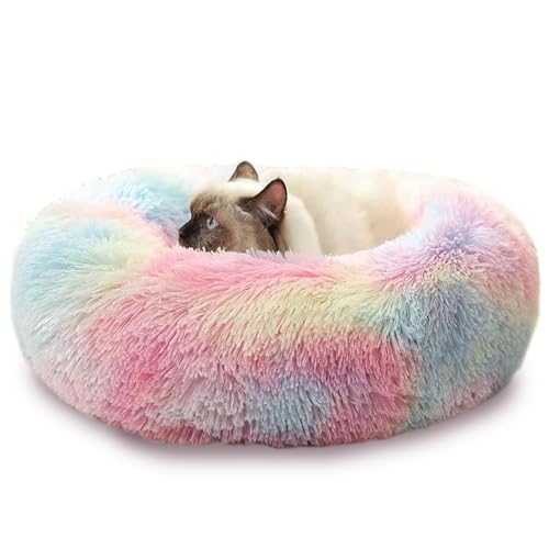 Melldrry Hundebett flauschig, Katzenbett, Donut Kissen, waschbar, Polsterung in der Mitte herausnehmbar, Langer Plüsch, 50 cm Durchmesser, Regenbogen von Melldrry