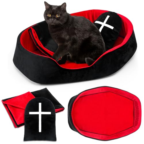 Memorywuu Katzenbett-Set im Gothic-Stil, Sarg, Katzenbett, schwarzes Grabsteinkissen, rote und schwarze Decke, Gothic-Haustiermöbel, Katzen-Aktivitätszentrum für Halloween, 3-teilig von Memorywuu