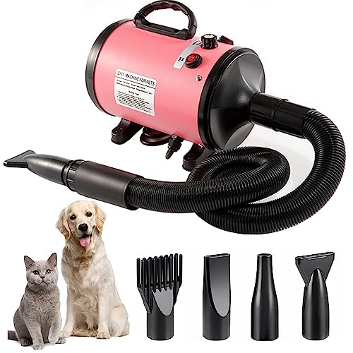 Hundefön Pet Dryer, 2800W Blower Hundefön, Hundefön sehr leise Einstellbare Geschwindigkeit und Wärme, Hundetrockner Haustier Hundepflege Haartrockner-Trockner-Gebläse mit 4 Verschiedenen Düsen (Rosa) von Memows