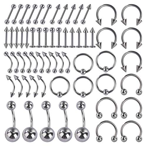 Piercing Schmuck Set Barbell für Lippe Bauch Nase Zunge Ohr Brustwarze Augenbrauen Knorpel Hufeisen Rings 60 Stück 12 Stile von MengH-SHOP