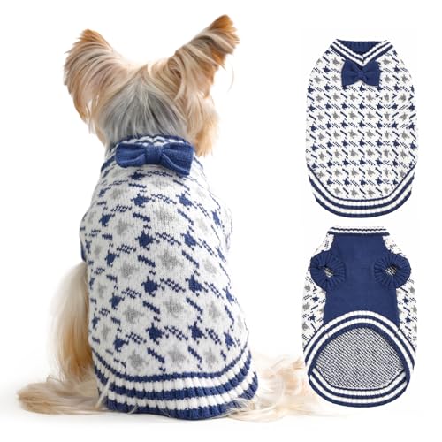 MengMengDa Samll Hundepullover für Jungen, V-Ausschnitt, Hundepullover für Zwergspitz, Bichon, Frisé, Mops, kaltes Wetter, Outfit, formelles Kleid (Blau, L) von MengMengDa