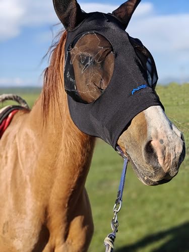 Black Menjo Outdoor Elastische Pferdefliegenmaske mit Ohren, Kolben/Araber/Kleinkopfpferde von Menjo