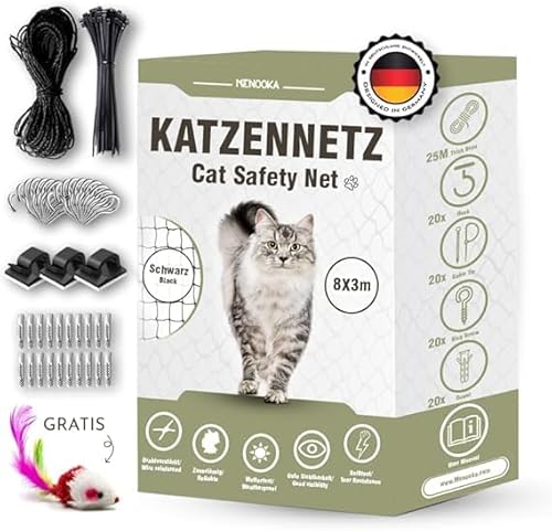 Menooka - Katzennetz für Balkon ohne Böhren 8x3m- katzennetz - katzengitter Fenster - Vogelnetz - Katzennetz Balkon - Katzennetz Fenster - Befestigungsset inklusive - kabelbinder (8x3) von Menooka