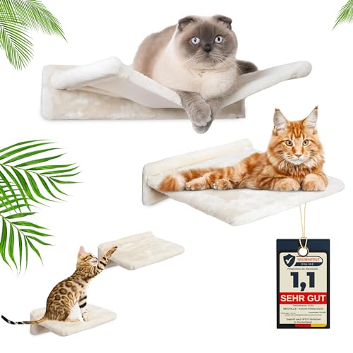 Meoville® Katzen Kletterwand Set XXL 4-Teilig [Massivholz - Extra Stabil] Katzenhängematte, Katzenliege, 2X Katzentreppe | Katzen Wandelemente | Wandkratzbaum | Katzen Kletterwand | Katzenwand beige von Meoville