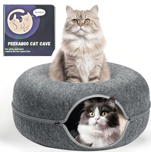 Meow Mates Peekaboo große Katzenhöhle und Katzentunnelbett, 61 cm, Donut-Katzenbett für Indoor-Katzen bis zu 13,6–20,4 kg, kratzfest, abnehmbar und waschbar, Katzen-Donut-Tunnel (dunkelgrau, groß) von Meow Mates