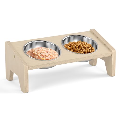 Katzenfutterschale, 15° geneigter Katzennapf aus Holz mit 2 Edelstahlnäpfen für Futter und Wasser, Katzenfutterschalen für Indoor-Katzen & kleine Hunde von MeowHomm