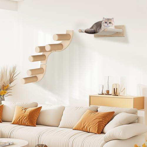 MeowHomm Katzenhängematte für Wand, Katzenbetten und Sitzstangen mit 6 Katzenwandstufen aus Holz Katzenwandmöbel Betten für Indoor-Katzen oder Kätzchen, Katzenbett Katzenstange zum Schlafen, Klettern von MeowHomm