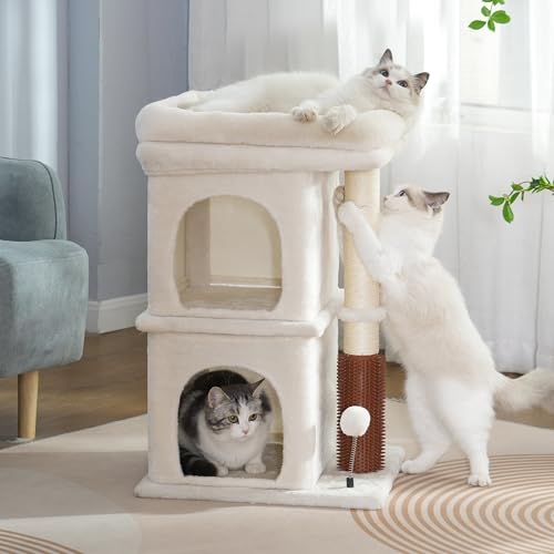 MeowSir 4-in-1-Kratzbaum mit Katzen-Selbstpflege, 45,7 x 40,7 cm, große Sitzstange, Doppelhöhlen und Federball für große Indoor-Katzen, Beige von MeowSir