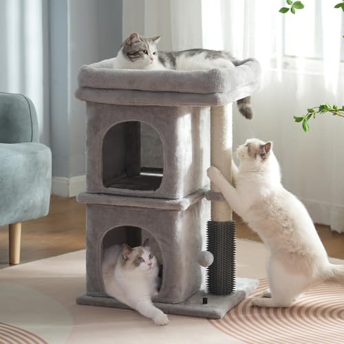 MeowSir 4-in-1-Kratzbaum mit Katzen-Selbstpflege, 45,7 x 40,7 cm, große Sitzstange, Doppelhöhlen und Federball für große Indoor-Katzen, Grau von MeowSir