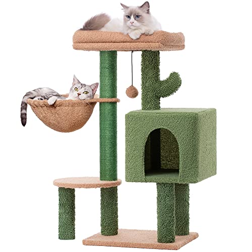 MeowSir Katzenbaum, niedlicher Katzenturm, Kaktus-Kratzbaum mit großer Sitzstange, bequeme Hängematte, privater Wohnung, vollständig natürlicher Sisal-Kratzbaum und baumelnder Glockenball für von MeowSir