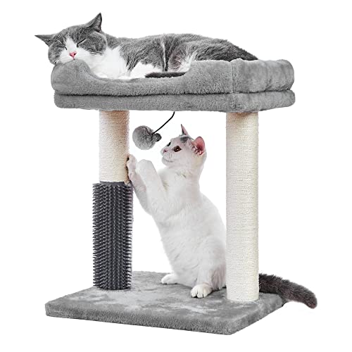 MeowSir Katzenbaum 4-in-1 Kratzbaum mit Katzen-Selbstpfleger, breite große Sitzstange, natürlicher Kratzbaum und hängender Kugel für Indoor-Katzen, Grau von MeowSir