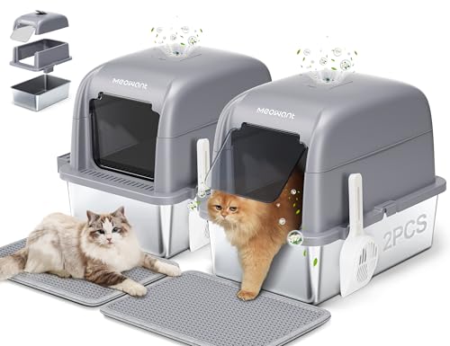 MeoWant Katzenklo Edelstahl, 81 L Großes Kapazität Abnehmbare Dreischichtige Geschlossene Geruchsdichte Katzentoilette Edelstahl, Edelstahl Katzenklo Mit Pedals, Schaufel Und Matte(Grau 2er-Pack) von Meowant