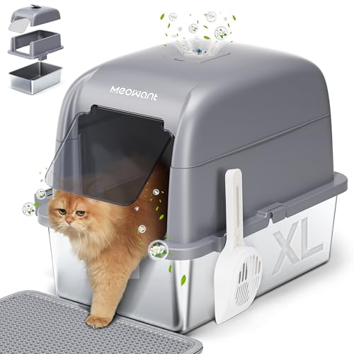 MeoWant Katzentoilette aus Edelstahl, 152,4 cm, extra groß, offen/halboffen, geschlossene 3-in-1-Katzentoilette für große Katzen, Geruchskontrolle, hohe Seiten, Katzentoilette mit Matte und Einsatz von Meowant