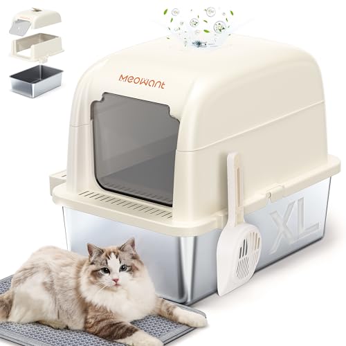 MeoWant Katzentoilette aus Edelstahl, 152,4 cm, extra groß, offen/halboffen, geschlossene 3-in-1-Katzentoilette für große Katzen, Geruchskontrolle, hohe Seiten, Weiß von Meowant