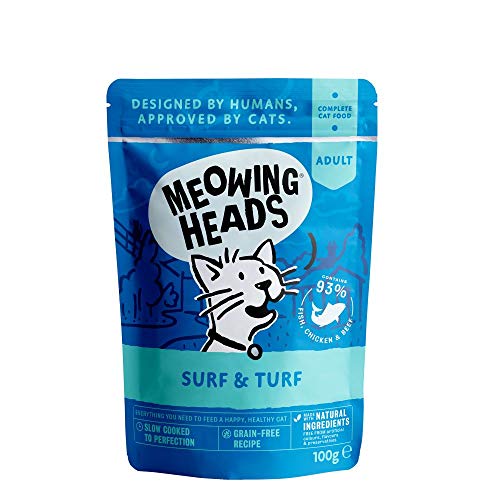 Meowing Heads Surf & Turf, Katzenfutter Nassfutter, 93% Natürlicher Fisch, Huhn und Rind Ohne Künstliche Aromen, Getreidefreie Rezeptur für eine Einfache Verdauung, (10 x 100 g) von Meowing Heads