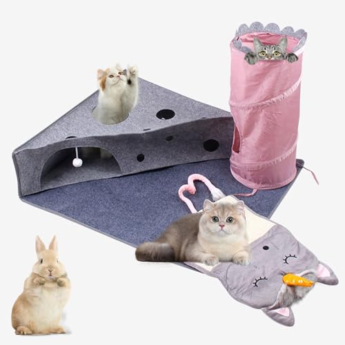 Meowland Katzentunnel und Matte, 2 in 1 integriertes Design für Katzen oder kleine Hunde, weich und langlebig, warm im Winter mit Kratzball [Grau & Rosa] von Meowland