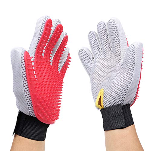 Merauno® Fellpflegehandschuh Tierhaarentferner Bürste Massage Fellpflege Grooming Glove Hund Katze Massageffekt & Deckhaarschutz (Rot, 2 Handschuhe (EIN Paar)) von Merauno