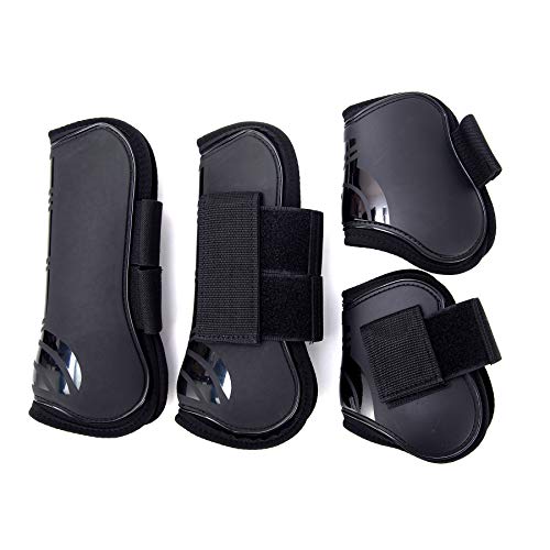 Merauno® Gamaschen Pferde 4er Set Gamaschen Paar für vorne hinter Hartschale und Klettverschluss für Damen& Herren PU Robust Elastisch Tendon Boots Classic (L(WB), Schwarz) von Merauno