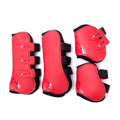 Merauno® Gamaschen Pferde 4er Set Sehne Schützer Fetlock Pferdesprungschutz Vorne Hinter Paar Robust Elastisch PU Shell Neopren Knopfverschluss 2 Paar für Damen& Herren (L(WB), Rot) von Merauno