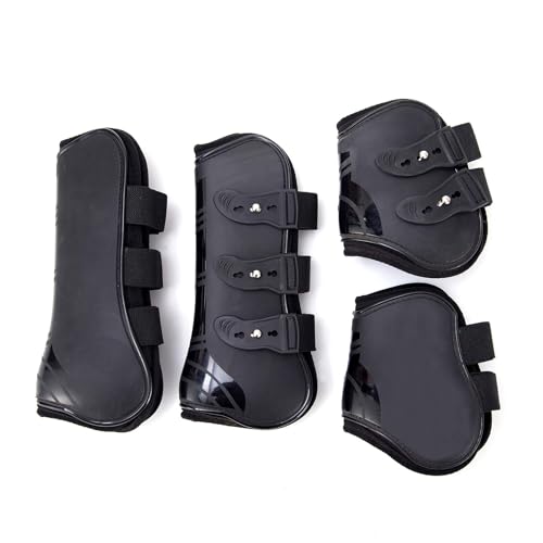 Merauno® Gamaschen Pferde 4er Set Sehne Schützer Fetlock Pferdesprungschutz Vorne Hinter Paar Robust Elastisch PU Shell Neopren Knopfverschluss 2 Paar für Damen& Herren (L(WB), Schwarz) von Merauno