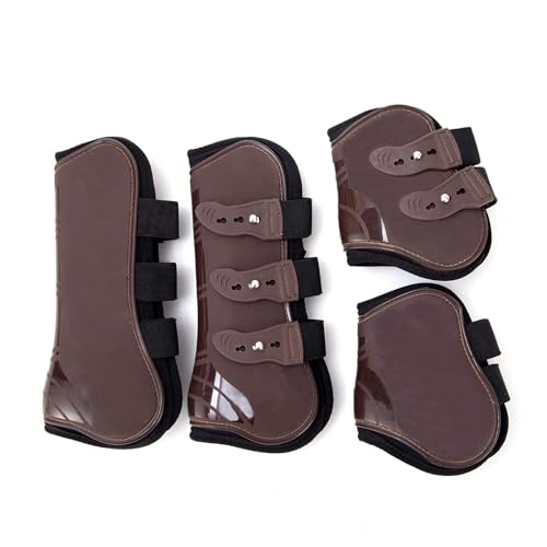 Merauno® Gamaschen Pferde 4er Set Sehne Schützer Fetlock Pferdesprungschutz Vorne Hinter Paar Robust Elastisch PU Shell Neopren Knopfverschluss 2 Paar für Damen& Herren (M(VB), Braun) von Merauno