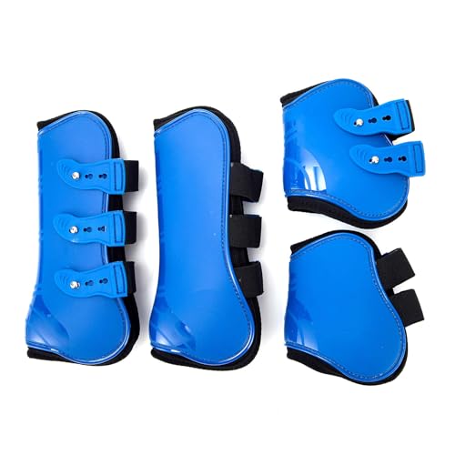 Merauno® Gamaschen Pferde 4er Set Sehne Schützer Fetlock Pferdesprungschutz Vorne Hinter Paar Robust Elastisch PU Shell Neopren Knopfverschluss 2 Paar für Damen& Herren (S(Pony), Blau) von Merauno