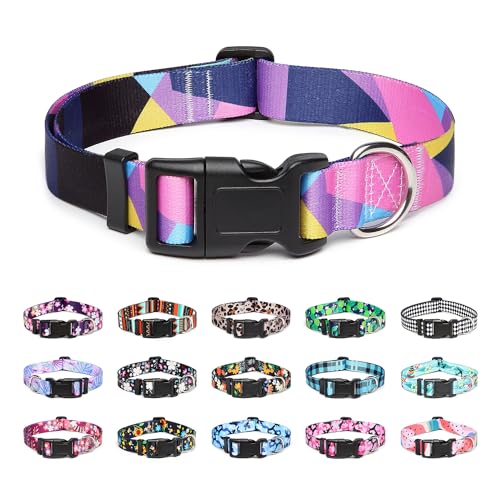 Mercano Hundehalsband Verstellbares, Weich Nylon Komfort & Robuster Gemustertes Hunde Halsband für Kleine Mittlere Große Hunde Welpen Katzen (L, Geometrisch Lila) von Mercano