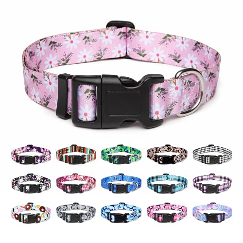 Mercano Hundehalsband Verstellbares, Weich Nylon Komfort & Robuster Gemustertes Hunde Halsband für Kleine Mittlere Große Hunde Welpen Katzen (S, Pink Weiße Blume) von Mercano